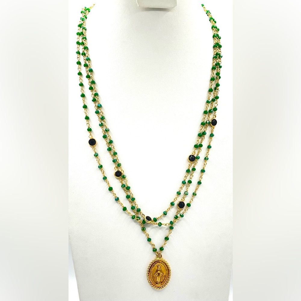 DYADEMA Bronze Italy Mary Religious pendant multi strand bead necklace